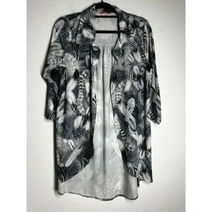 Simply Aster By Firmiana Women’s Collared Cardigan Leaves Print Gray White Sz XL